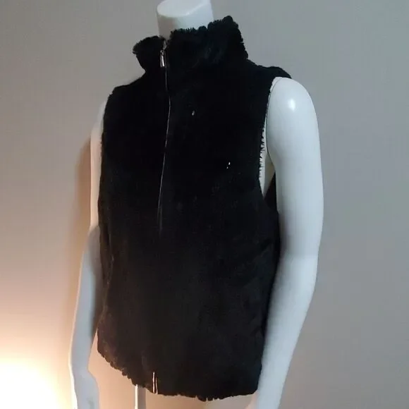 Betsey Johnson Black Faux Fur Sequined Vest (M) - Picture 1 of 6